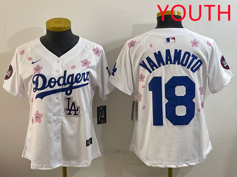 Youth Los Angeles Dodgers 18 Yamamoto White Sakura Edition 2025 Nike MLB Jersey style 9